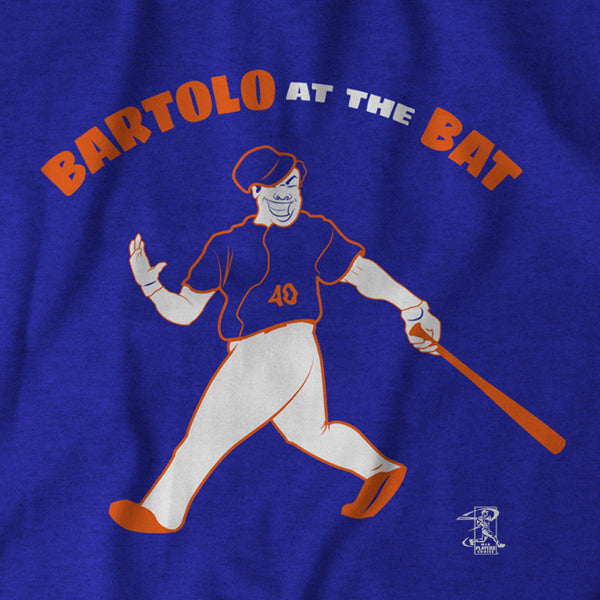 Blue "Bartolo at the Bat" tee, in white and orange print, celebrating the New York Mets pitcher's first home run, which took out a tree limb during batting practice.