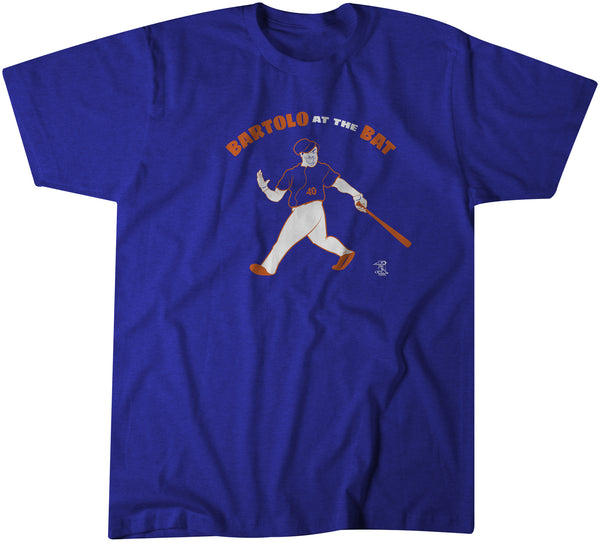 Blue "Bartolo at the Bat" tee, in white and orange print, celebrating the New York Mets pitcher's first home run, which took out a tree limb during batting practice.