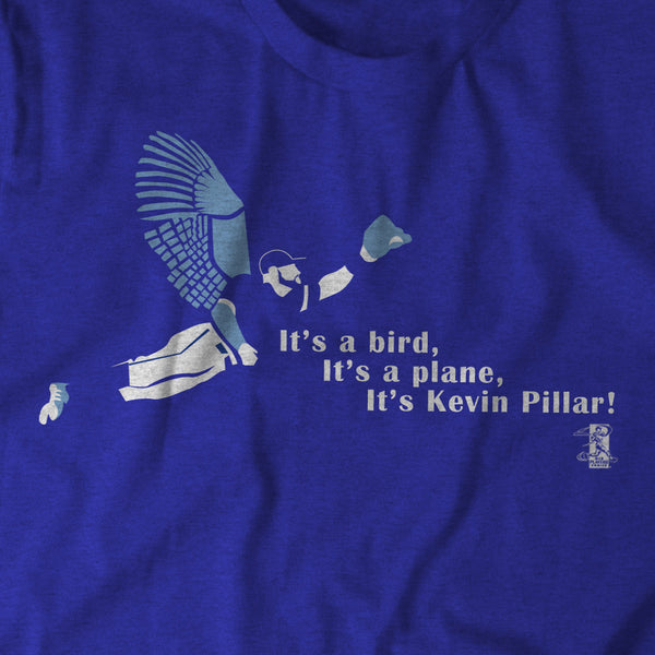 Royal blue t-shirt featuring Toronto Blue Jays center fielder Kevin Pillar making a diving catch.