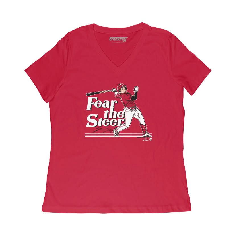 Spencer Steer: Fear the Steer Shirt, Cincinnati - MLBPA - BreakingT