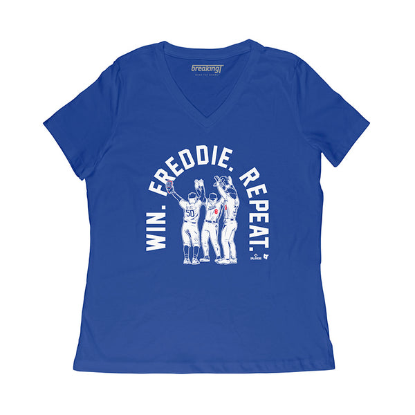 Mookie Betts, James Outman, & kiké Hernandez: Win. Freddie. Repeat., Women's V-Neck T-Shirt / Extra Large - MLB - Sports Fan Gear | breakingt
