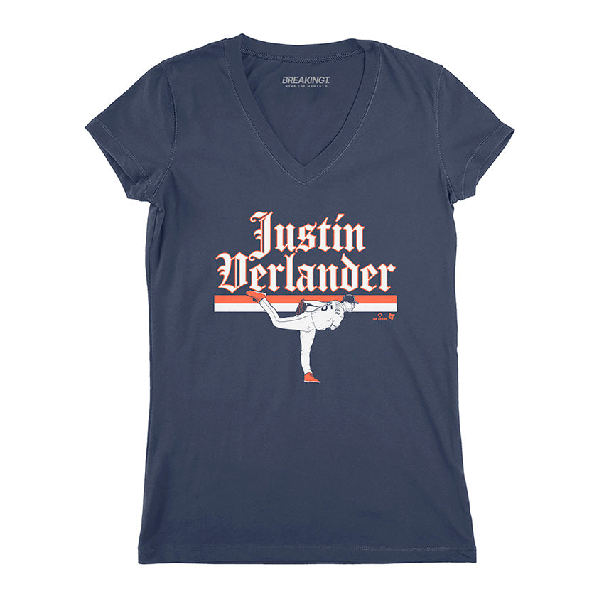 Justin Verlander: Detroit Ace Pose - Navy v-neck t-shirt - pro baseball fan gear - Detroit - Justin Verlander design - BreakingT apparel