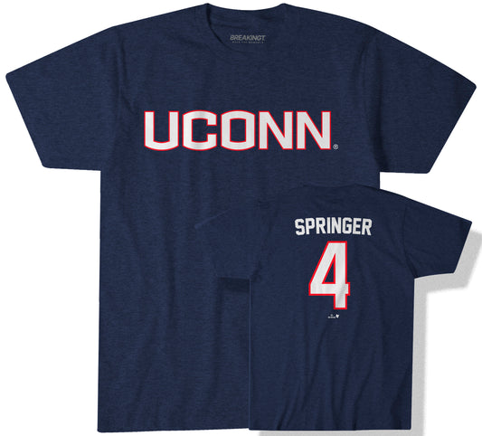 UConn Baseball: George Springer 4 - Navy t-shirt - college baseball fan gear - Connecticut - George Springer design - BreakingT apparel