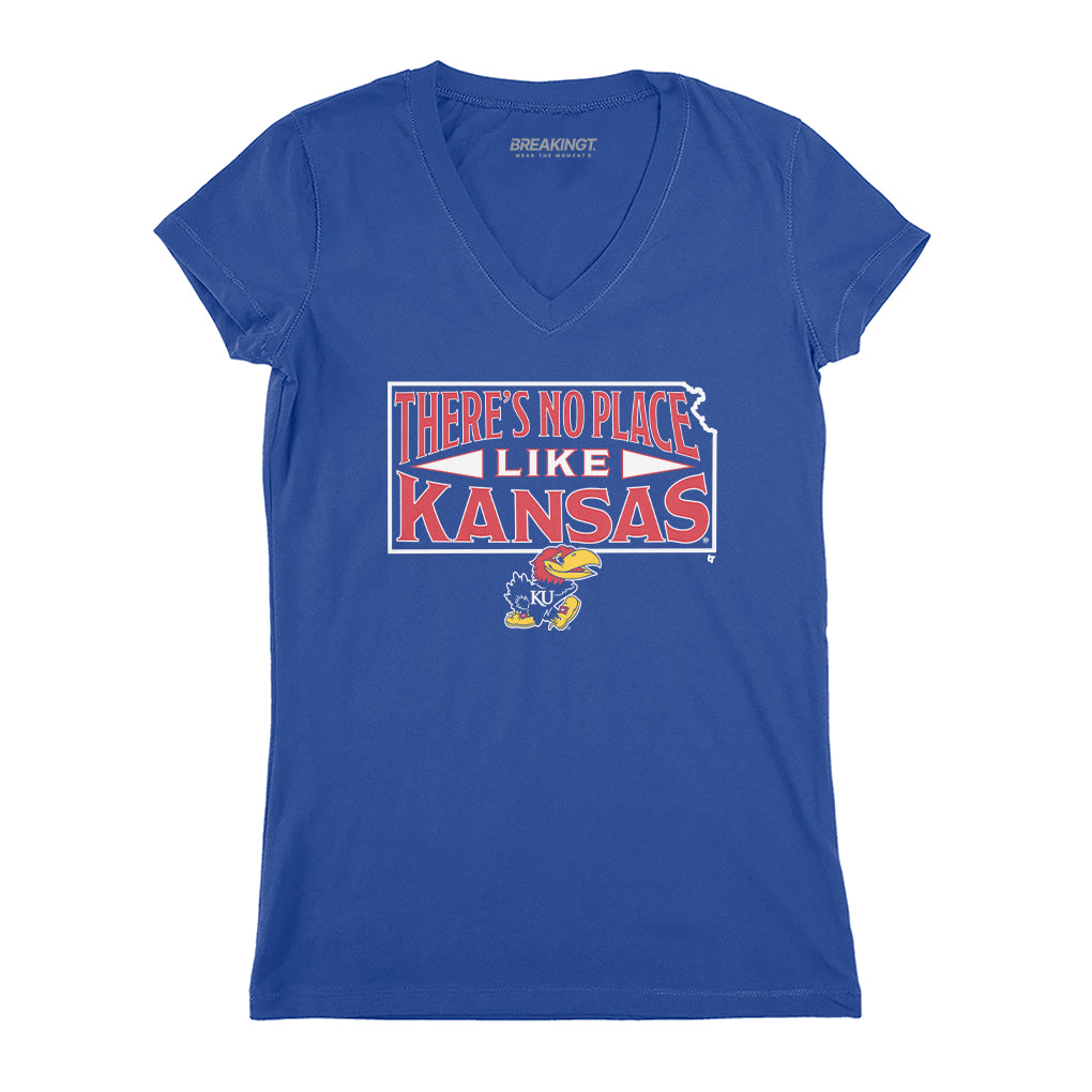 Kansas Jayhawks: There's No Place Like Kansas - Royal v-neck t-shirt - college basketball fan gear - Kansas City - BreakingT apparel