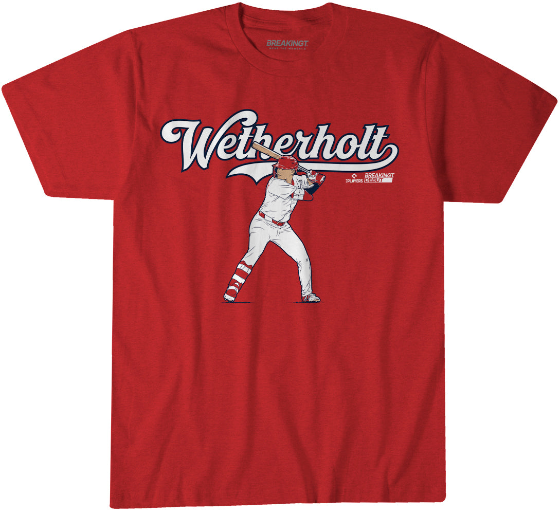 JJ Wetherholt: Slugger Swing - Red t-shirt - pro baseball fan gear - St. Louis - BreakingT apparel