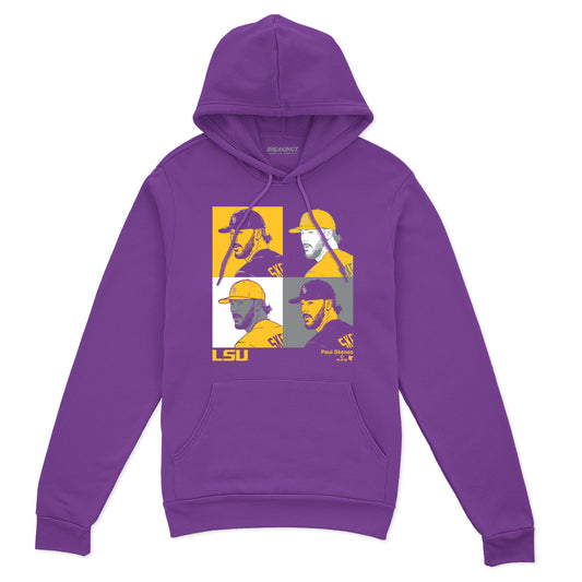 LSU Baseball: Paul Skenes Collage Panels - Purple hoodie - college baseball fan gear - Louisiana - Paul Skenes design - BreakingT apparel