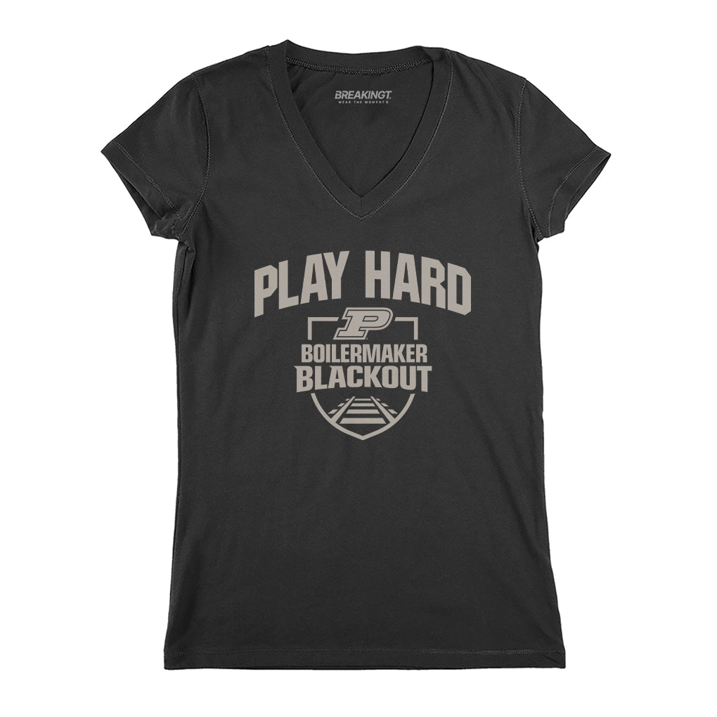 Purdue Basketball: Blackout Play Hard – Black v-neck t-shirt – college basketball fan gear – Indiana – BreakingT apparel