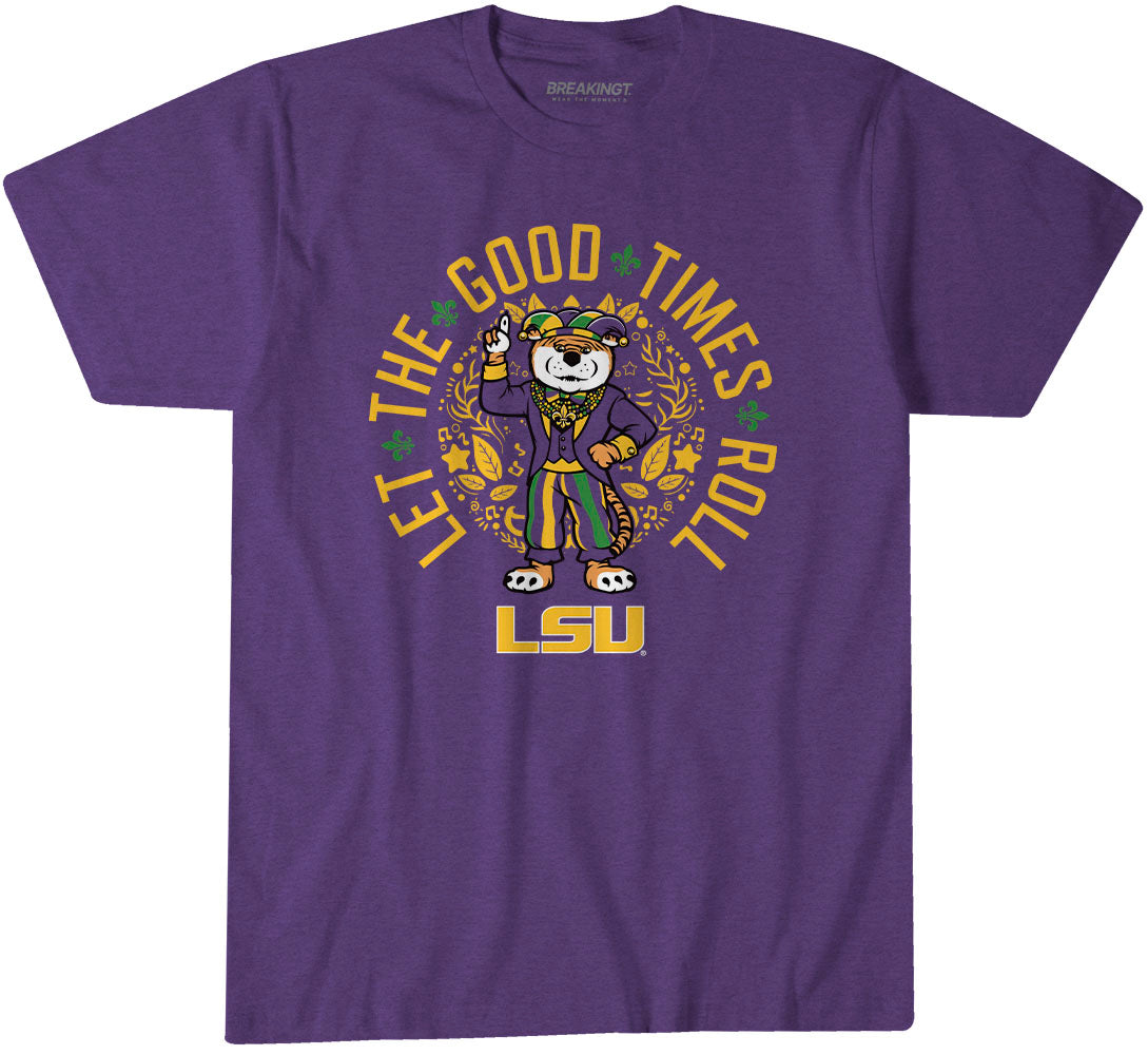 LSU Tigers: Mardi Gras Mike Mascot - Purple t-shirt - college all sports fan gear - Louisiana - BreakingT apparel