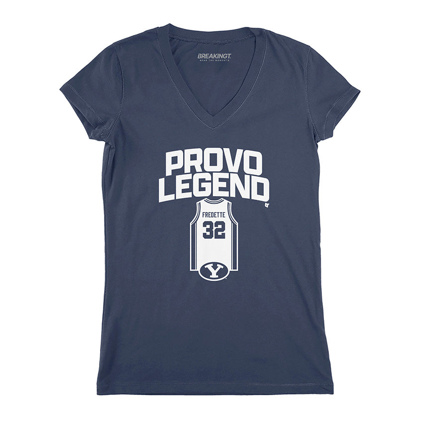 BYU Basketball: Jimmer Fredette Provo Legend - Navy v-neck t-shirt - college basketball fan gear - Utah - BreakingT apparel