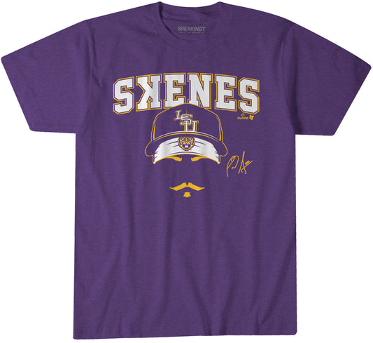 LSU Baseball: Paul Skenes Stache Pro - Purple t-shirt - college baseball fan gear - Louisiana - Paul Skenes design - BreakingT apparel