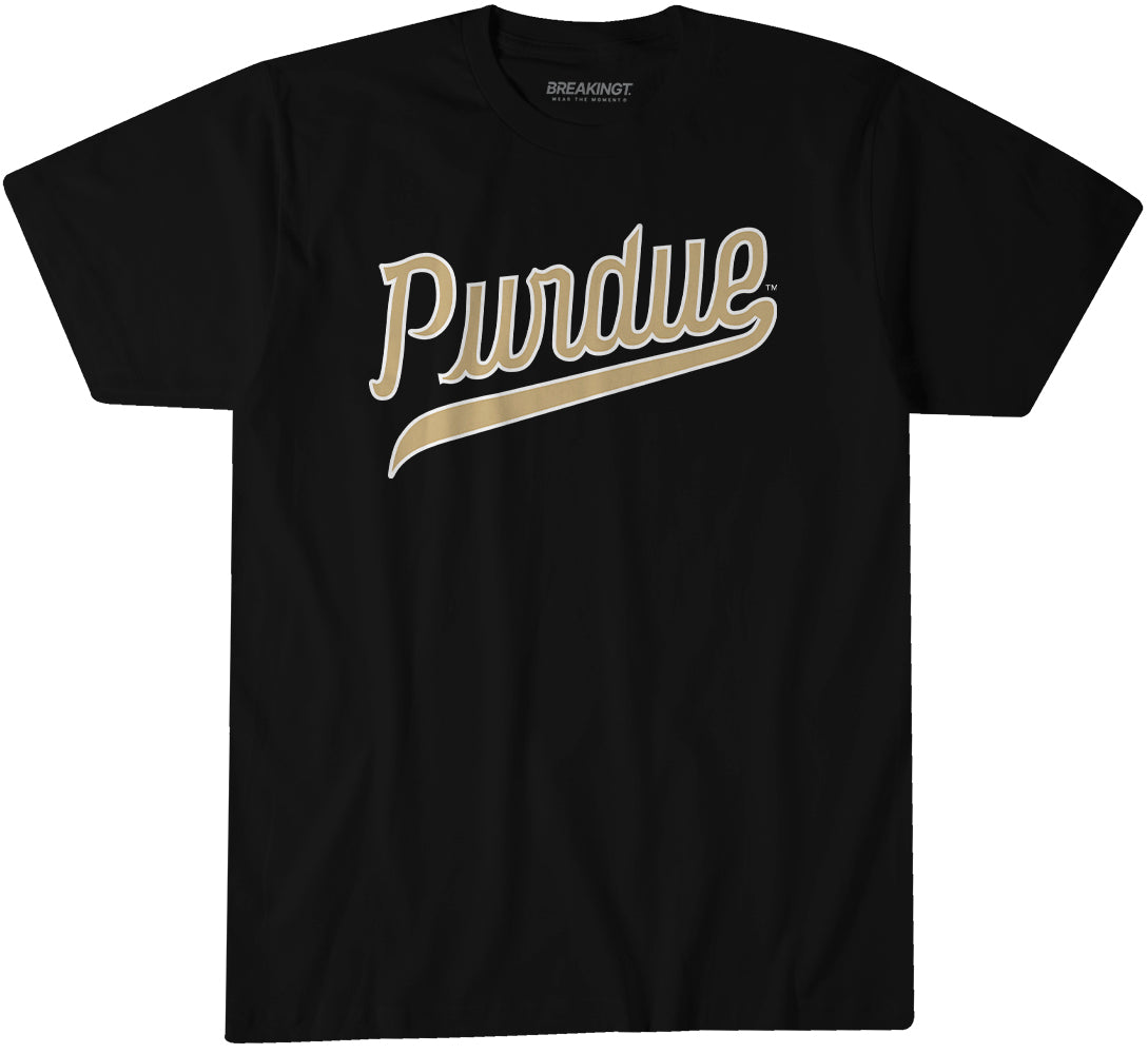 Purdue Boilermakers: Black Script Logo - Black t-shirt - college all sports fan gear - Indiana - BreakingT apparel