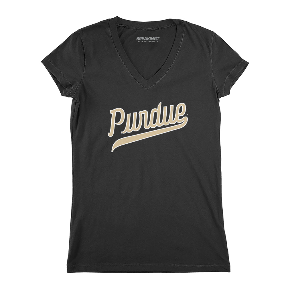 Purdue Boilermakers: Black Script Logo - Black v-neck t-shirt - college all sports fan gear - Indiana - BreakingT apparel
