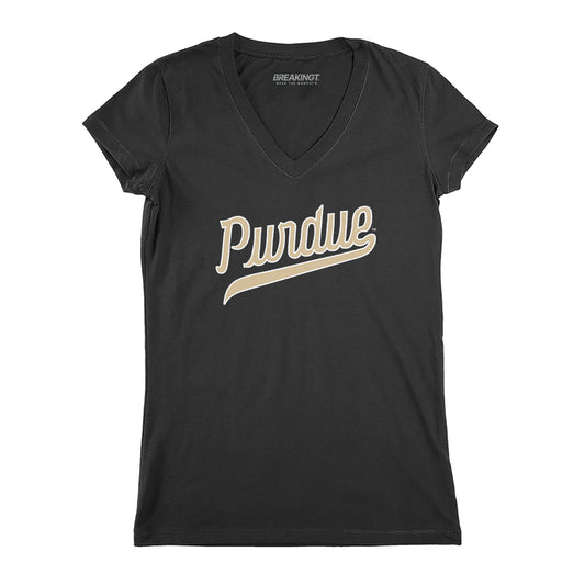 Purdue Boilermakers: Black Script Logo - Black v-neck t-shirt - college all sports fan gear - Indiana - BreakingT apparel