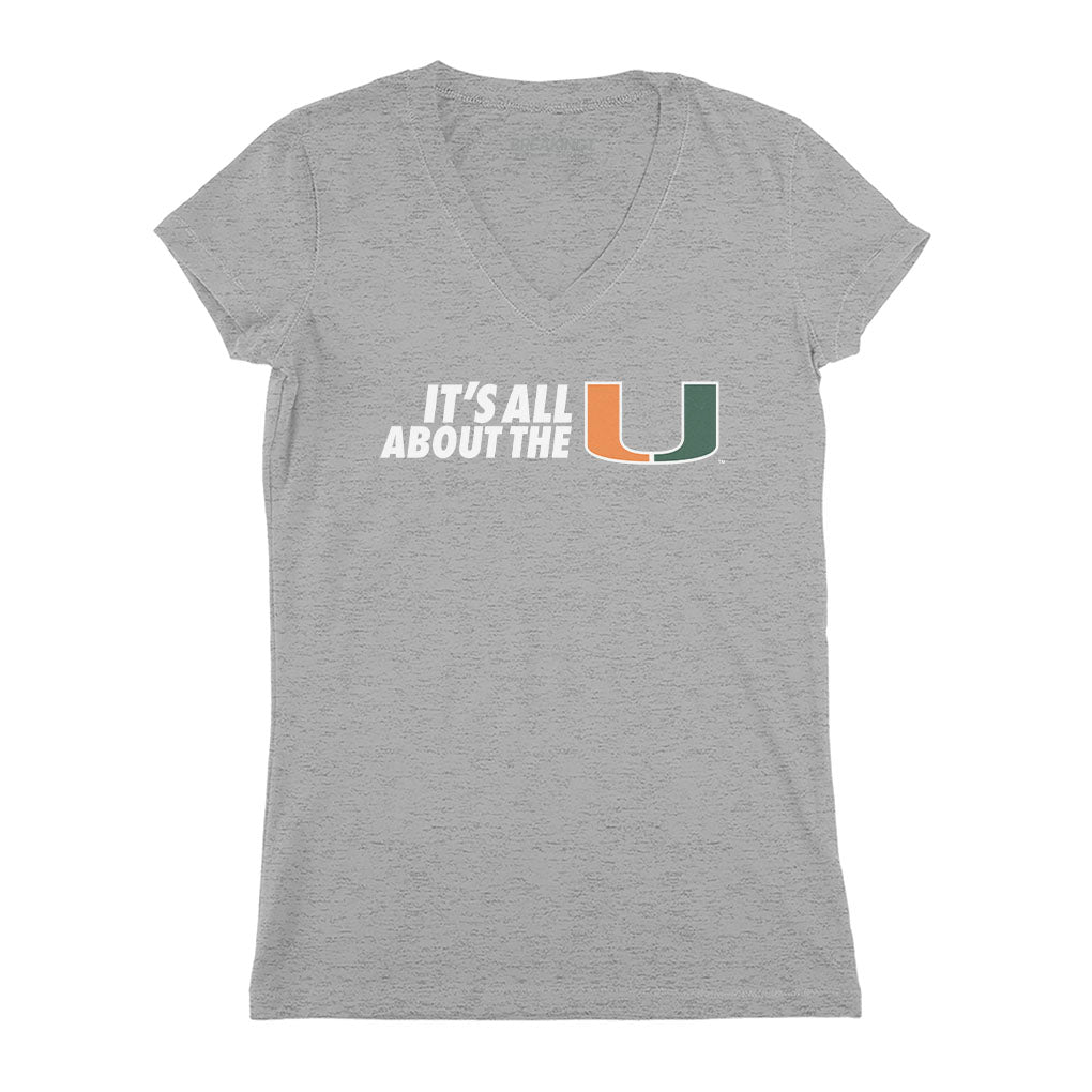 Miami Hurricanes: It's All About The U - Heather Gray v-neck t-shirt - college all sports fan gear - Florida - BreakingT apparel