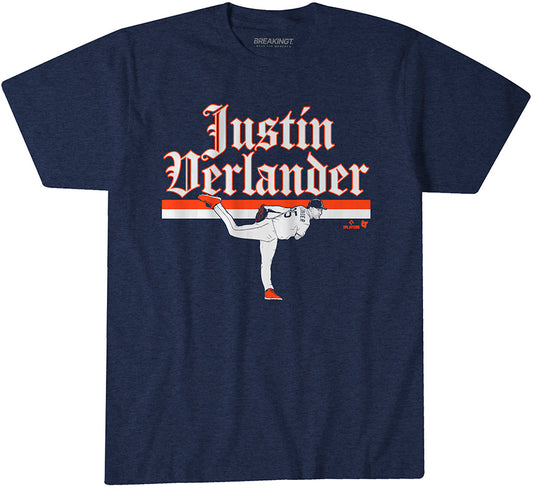 Justin Verlander: Detroit Ace Pose - Navy t-shirt - pro baseball fan gear - Detroit - Justin Verlander design - BreakingT apparel