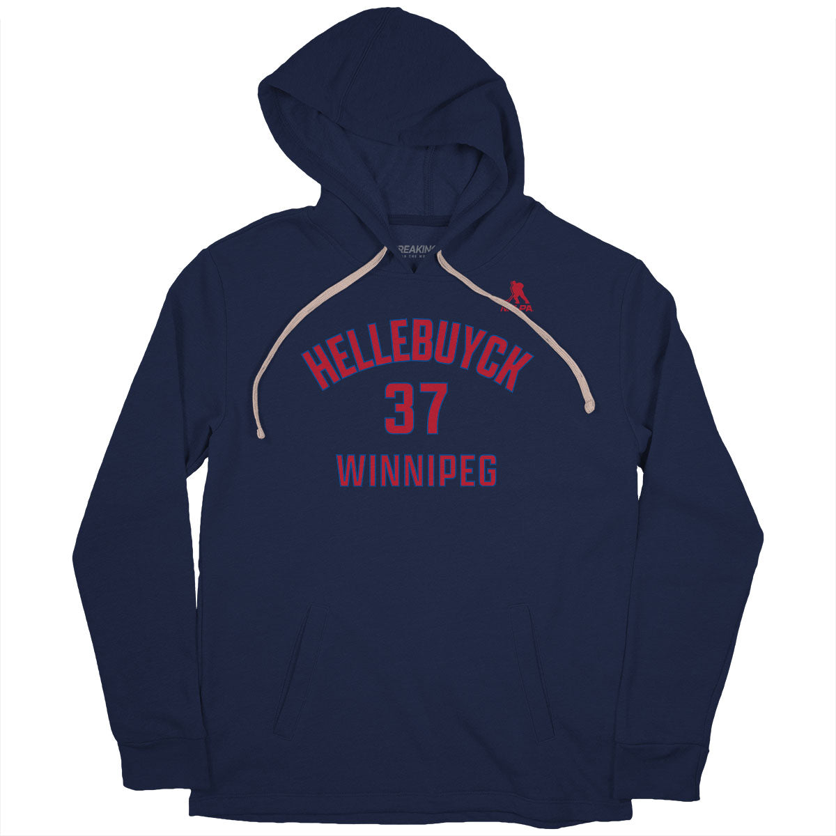 Connor Hellebuyck: Winnipeg Name & Number - Navy hoodie - pro hockey fan gear - Winnipeg - BreakingT apparel