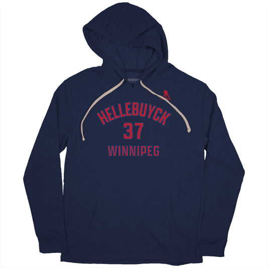 Connor Hellebuyck: Winnipeg Name & Number - Navy hoodie - pro hockey fan gear - Winnipeg - BreakingT apparel