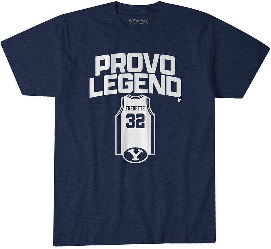 BYU Basketball: Jimmer Fredette Provo Legend - Navy t-shirt - college basketball fan gear - Utah - BreakingT apparel
