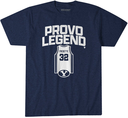 BYU Basketball: Jimmer Fredette Provo Legend - Navy t-shirt - college basketball fan gear - Utah - BreakingT apparel
