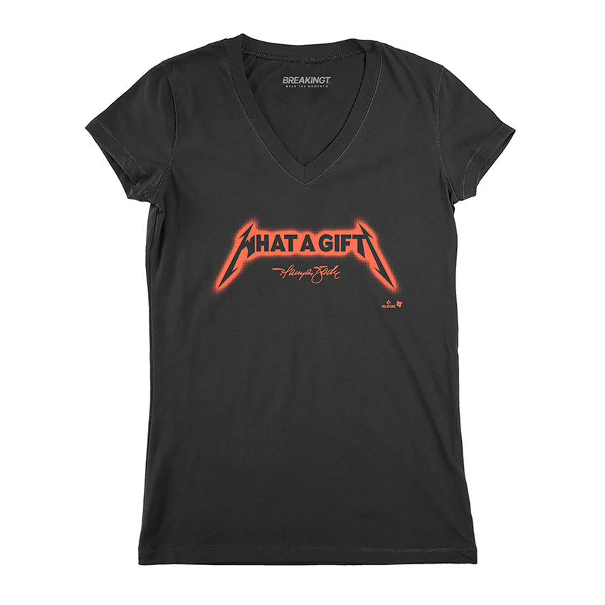 Harrison Bader: What a Gift San Francisco Text – Black v-neck t-shirt – pro baseball fan gear – San Francisco – Harrison Bader design – BreakingT apparel