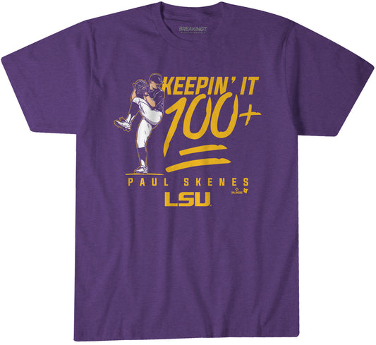 LSU Baseball: Paul Skenes Keepin' It 100+ Pro - Purple t-shirt - college baseball fan gear - Louisiana - Paul Skenes design - BreakingT apparel