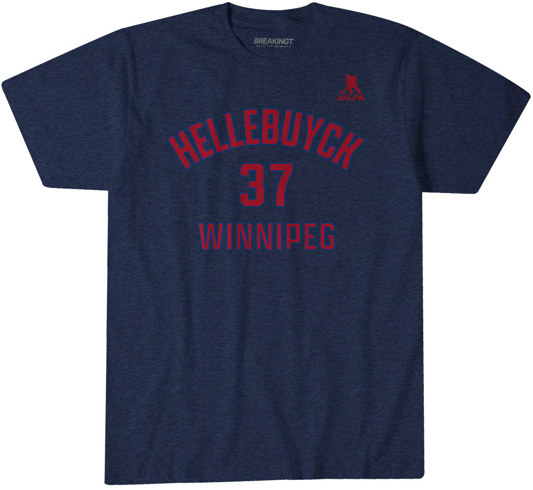 Connor Hellebuyck: Winnipeg Name & Number - Navy t-shirt - pro hockey fan gear - Winnipeg - BreakingT apparel