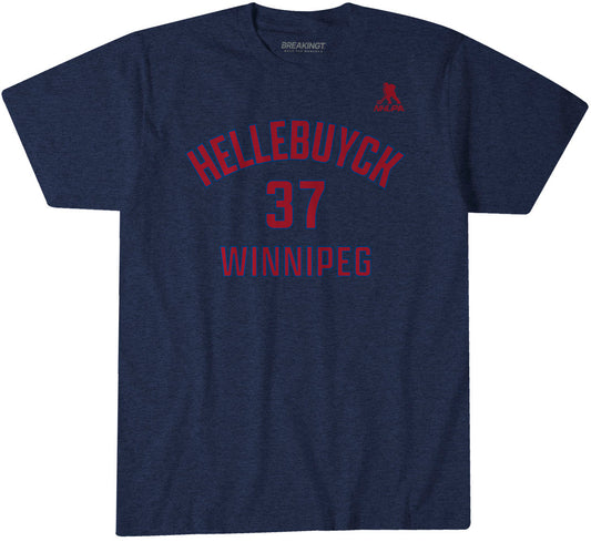 Connor Hellebuyck: Winnipeg Name & Number - Navy t-shirt - pro hockey fan gear - Winnipeg - BreakingT apparel