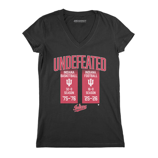 Indiana Hoosiers: Undefeated Football And Basketball Seasons - Black v-neck t-shirt - college football fan gear - Indiana - BreakingT apparel