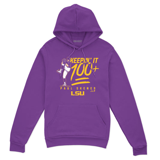 LSU Baseball: Paul Skenes Keepin' It 100+ Pro - Purple hoodie - college baseball fan gear - Louisiana - Paul Skenes design - BreakingT apparel