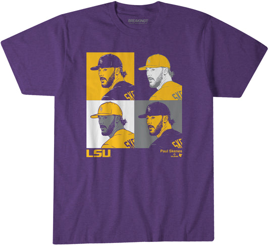 LSU Baseball: Paul Skenes Collage Panels - Purple t-shirt - college baseball fan gear - Louisiana - Paul Skenes design - BreakingT apparel