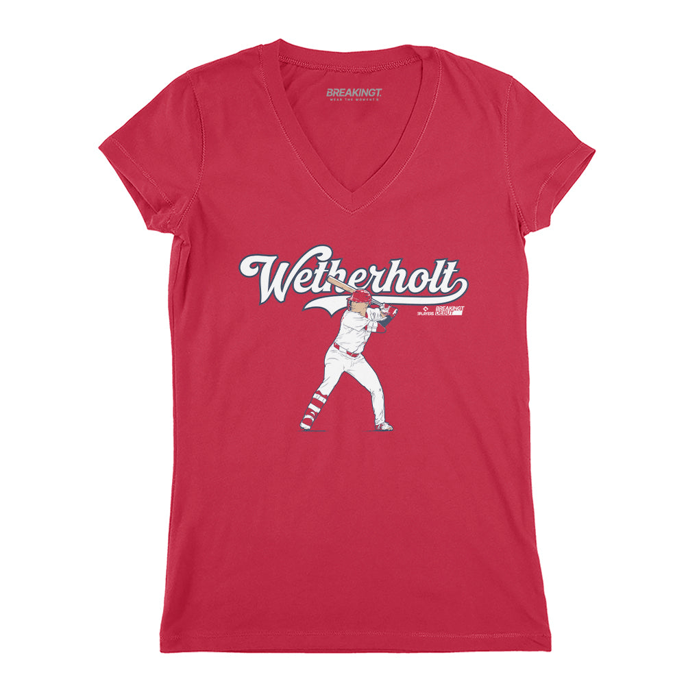 JJ Wetherholt: Slugger Swing - Red v-neck t-shirt - pro baseball fan gear - St. Louis - BreakingT apparel