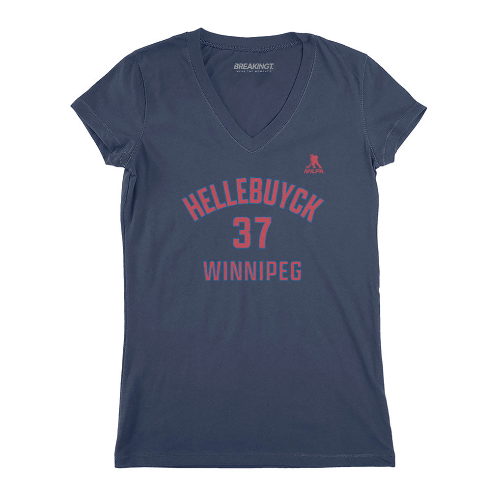 Connor Hellebuyck: Winnipeg Name & Number - Navy v-neck t-shirt - pro hockey fan gear - Winnipeg - BreakingT apparel