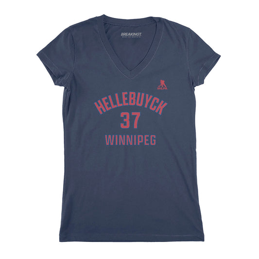 Connor Hellebuyck: Winnipeg Name & Number - Navy v-neck t-shirt - pro hockey fan gear - Winnipeg - BreakingT apparel
