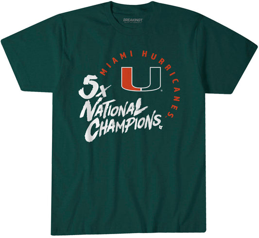 Miami Football: Five-Time National Champions - Forest Green t-shirt - college football fan gear - Florida - BreakingT apparel