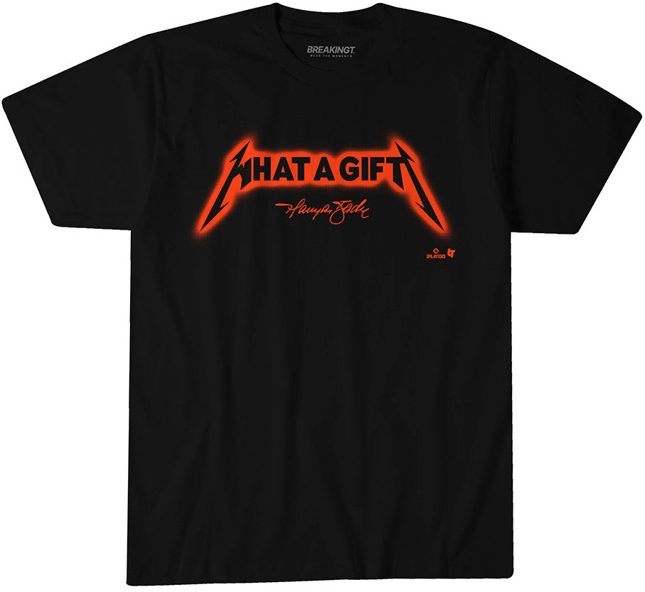 Harrison Bader: What a Gift San Francisco Text – Black t-shirt – pro baseball fan gear – San Francisco – Harrison Bader design – BreakingT apparel