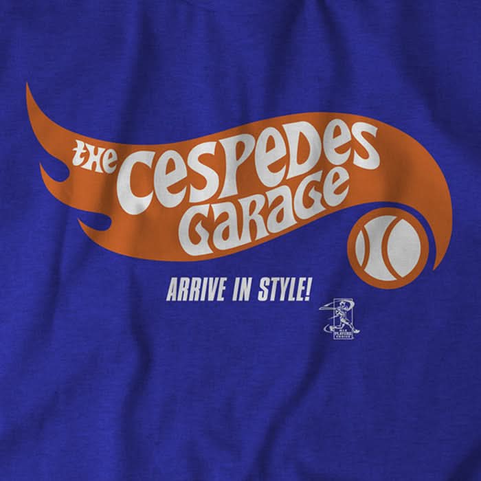 The Cespedes Garage tee, a super soft blue shirt with orange and white print inspired by Mets superstar Yoenis Cespedes and his insane car collection.