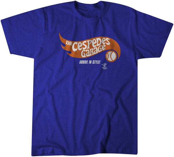 The Cespedes Garage tee, a super soft blue shirt with orange and white print inspired by Mets superstar Yoenis Cespedes and his insane car collection.